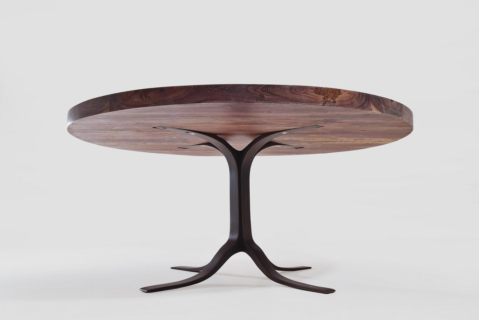 Thai Bespoke Round Table, Reclaimed Hardwood, Brass Base by P. Tendercool For Sale