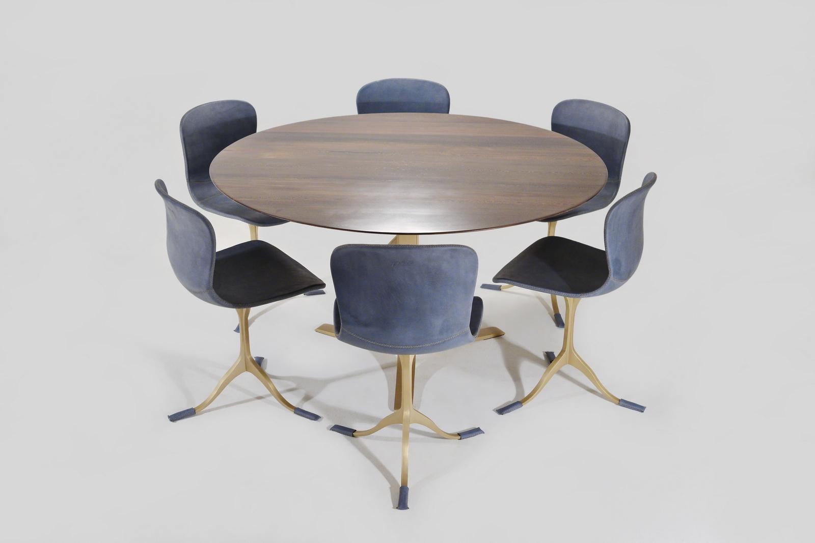 Bespoke Round Table, Reclaimed Hardwood, Brass Base by P. Tendercool In New Condition For Sale In Bangkok, TH