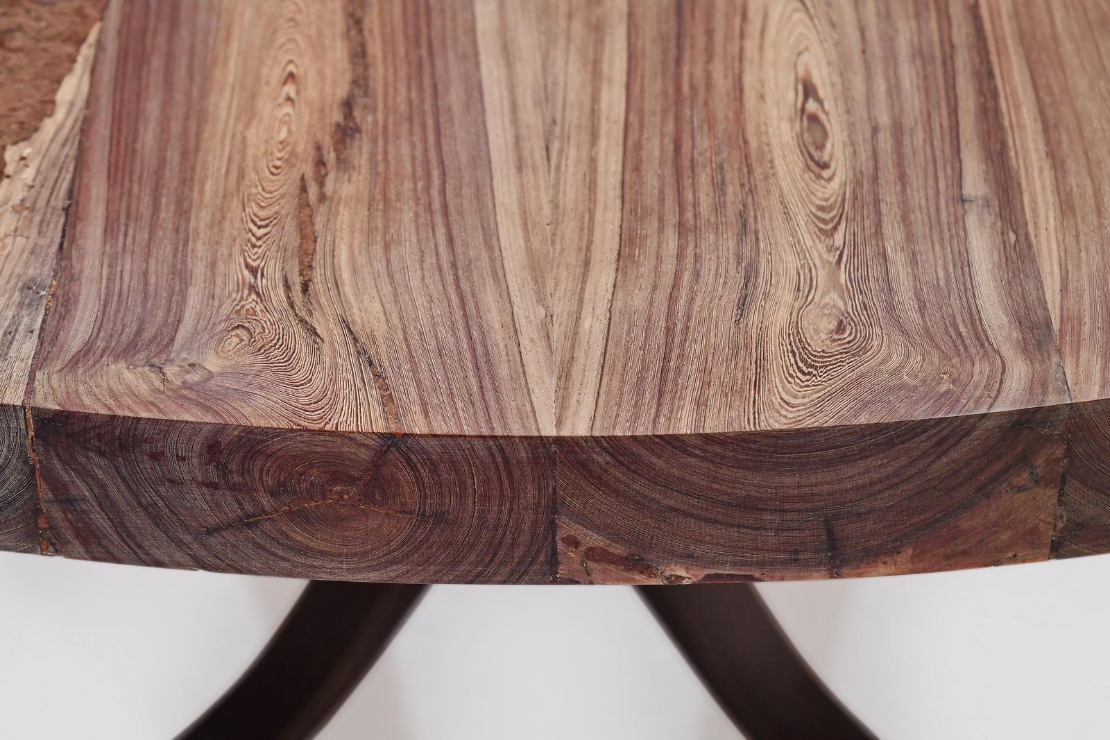 Contemporary Bespoke Round Table, Reclaimed Hardwood, Brass Base by P. Tendercool For Sale