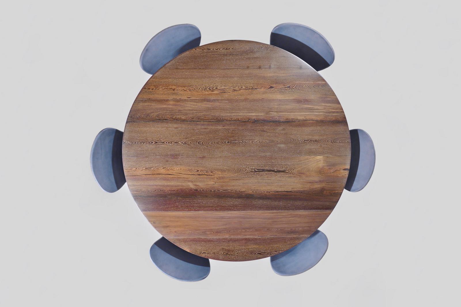 Bespoke Round Table, Reclaimed Hardwood, Brass Base by P. Tendercool For Sale 1