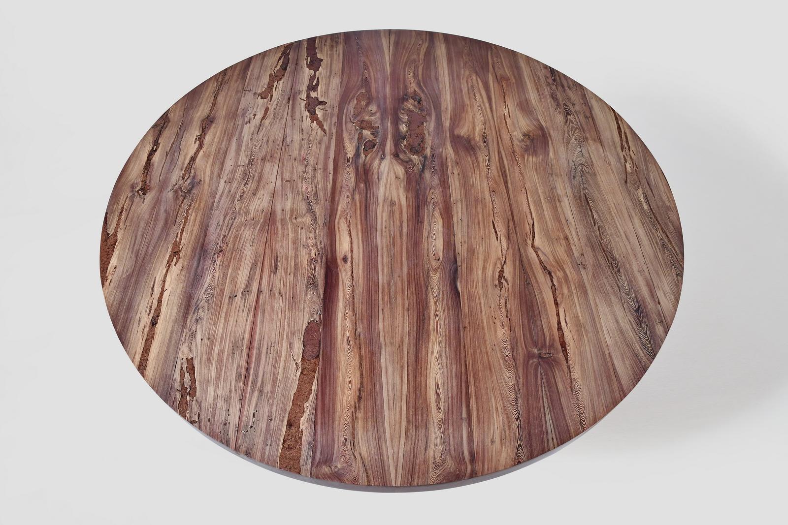 Bespoke Round Table, Reclaimed Hardwood, Brass Base by P. Tendercool For Sale 1