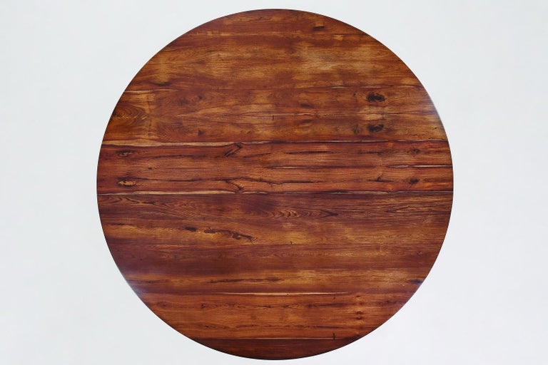 Bespoke Round Table, Reclaimed Hardwood, Brass Base by P. Tendercool, 'In-Stock' For Sale 7
