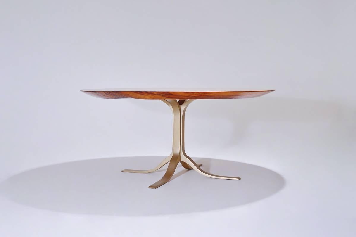 Minimalist Bespoke Round Table, Reclaimed Hardwood, Brass Base by P. Tendercool  For Sale