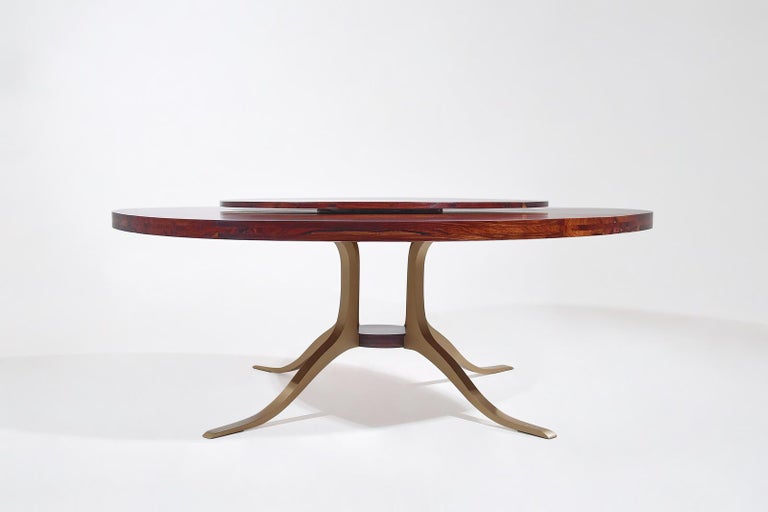 Mid-Century Modern Bespoke Round Table, Reclaimed Hardwood, Brass Base by P. Tendercool, 'In-Stock' For Sale