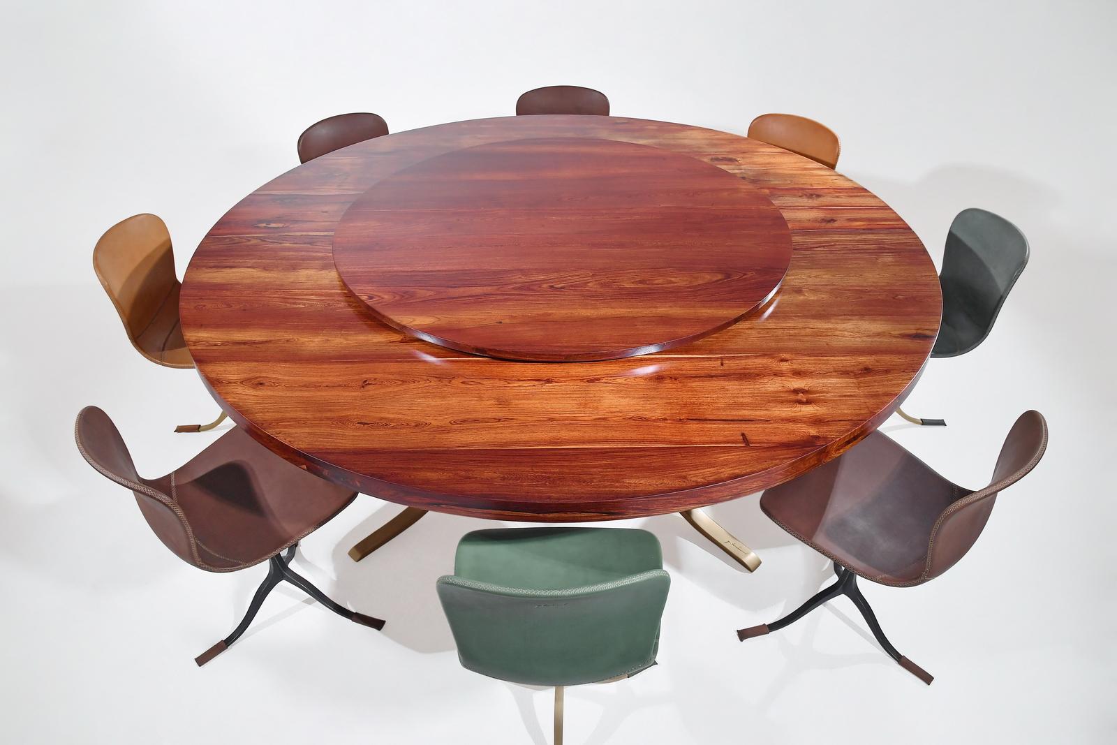 Cast Bespoke Round Table, Reclaimed Hardwood, Brass Base by P. Tendercool For Sale