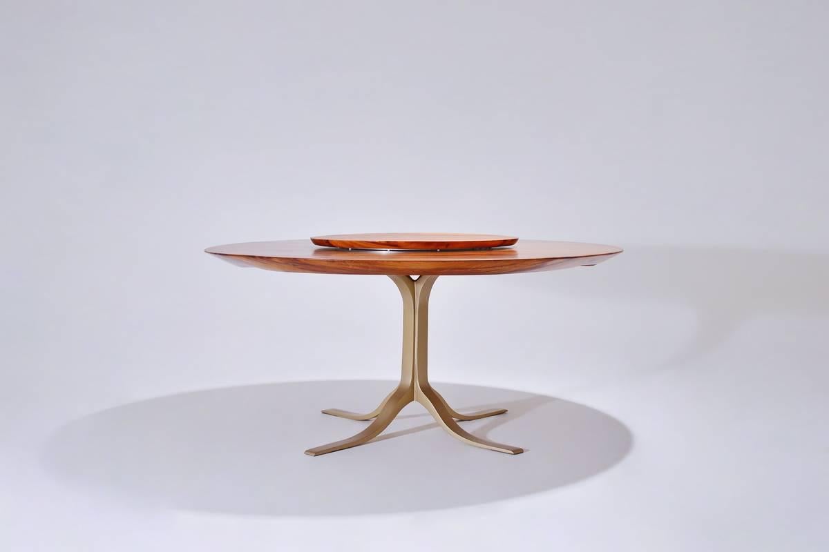 Contemporary Bespoke Round Table, Reclaimed Hardwood, Brass Base by P. Tendercool  For Sale