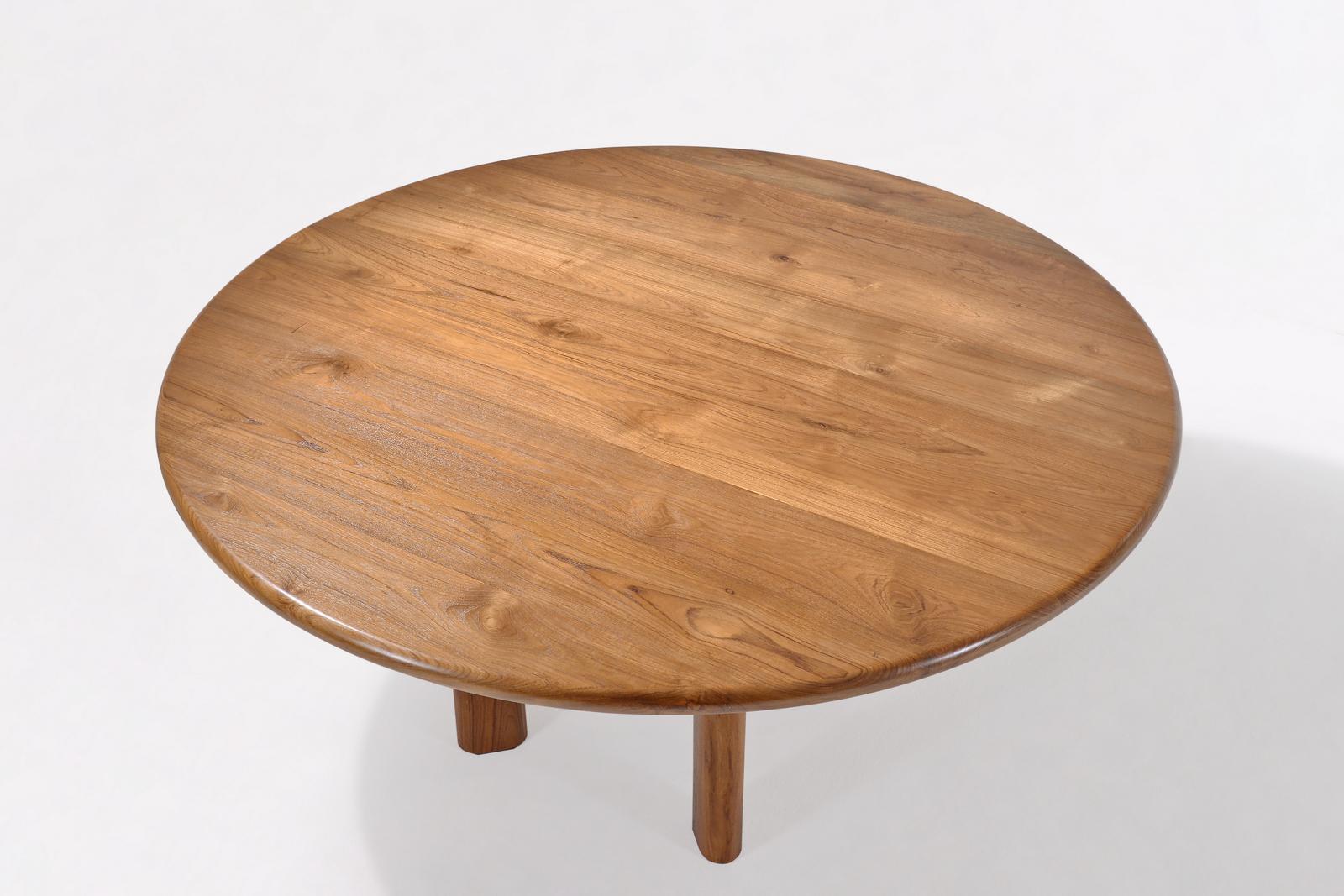 Minimalist Bespoke Round Table with Wood Base, Reclaimed Teak Wood, by P. Tendercool For Sale
