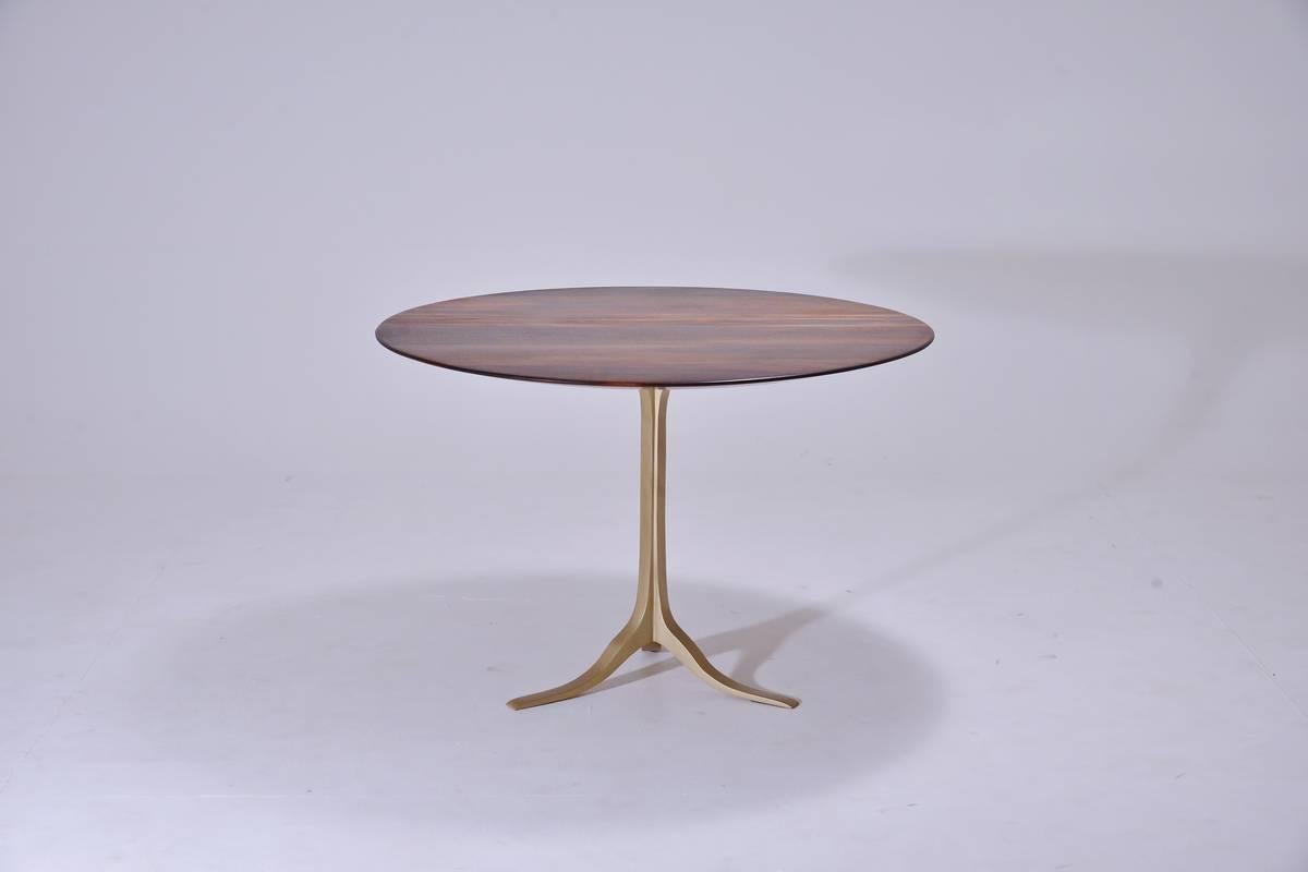 Minimalist Bespoke Round Table, Reclaimed Hardwood, Brass Base by P. Tendercool  For Sale