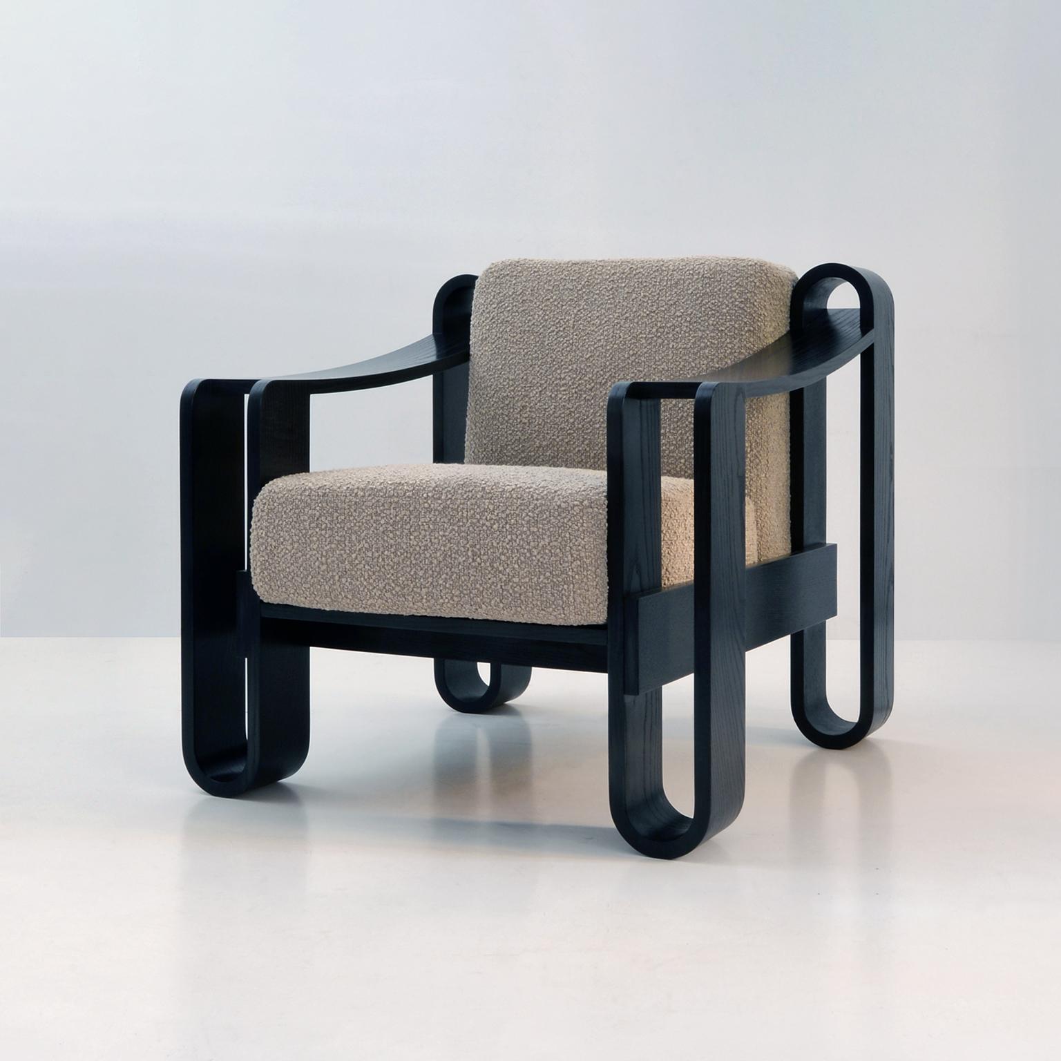 German Bespoke Rounded Wood Armchair, Blackened Ash Veneer, Fabric Upholstery, 2024 For Sale