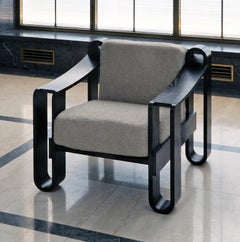 Bespoke Rounded Wood Armchair, Blackened Ash Veneer, Fabric Upholstery, 2024