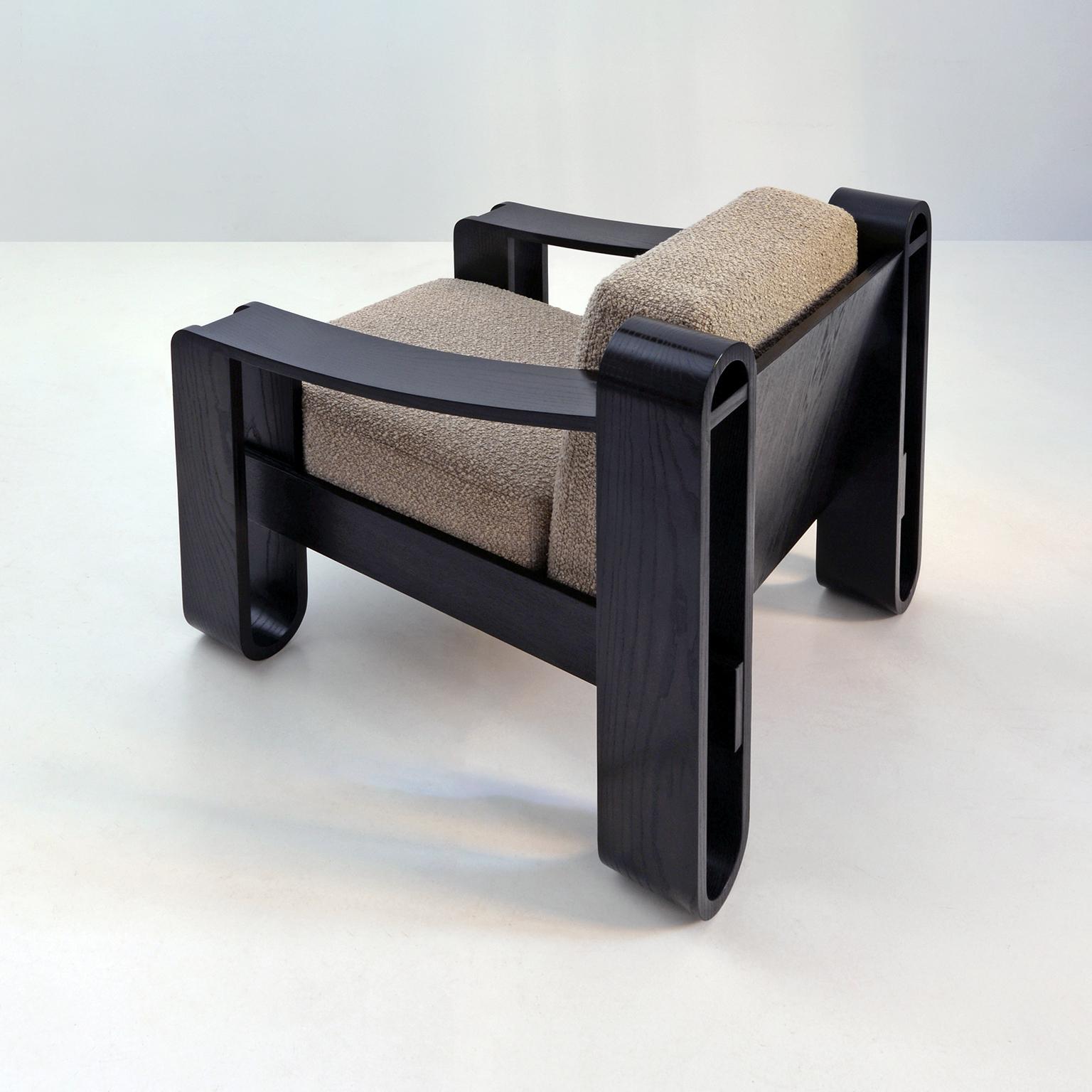 Modern Bespoke Rounded Wood Armchair, Blackened Ash Veneer, Fabric Upholstery, 2024 For Sale