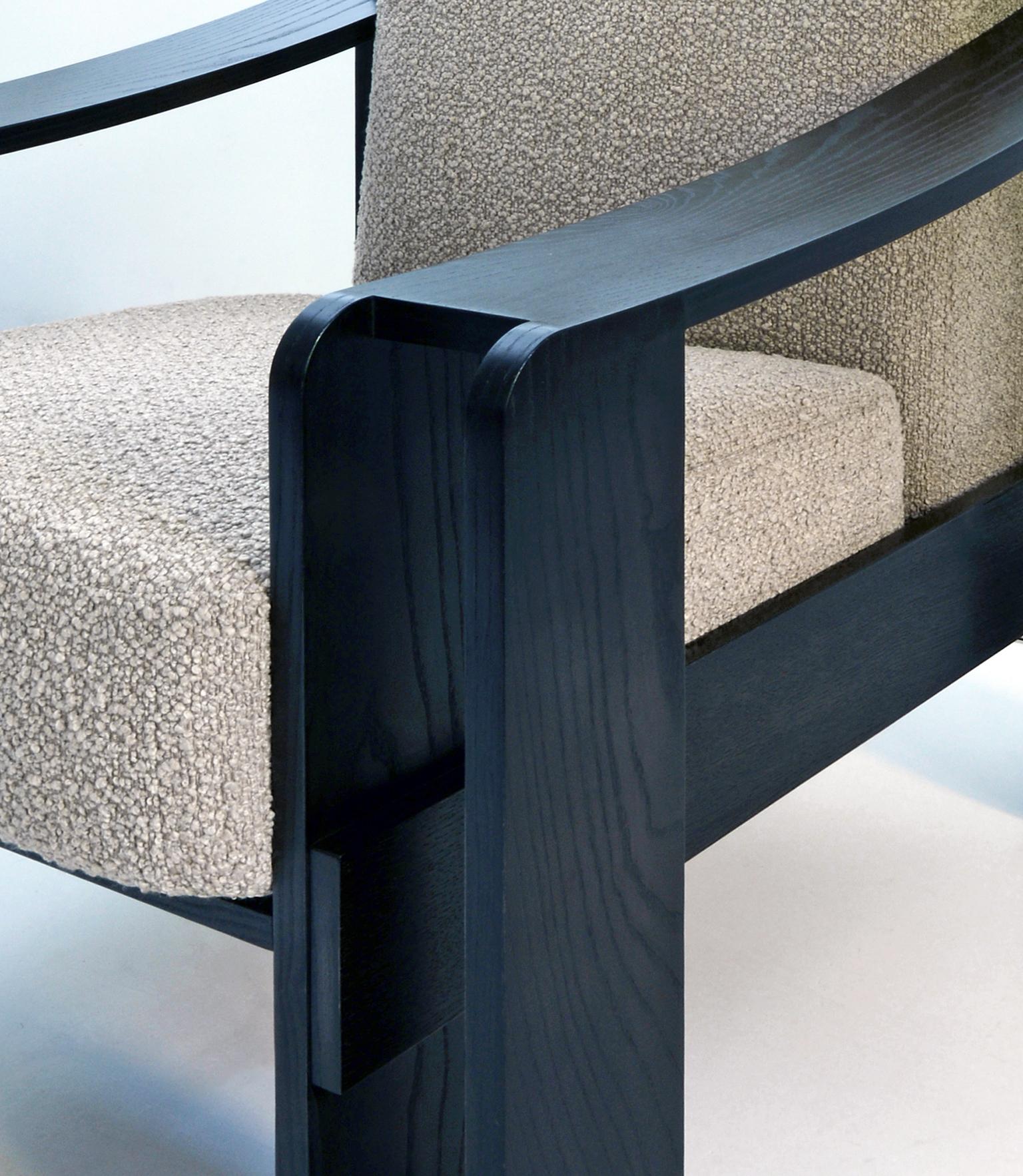 Bespoke Rounded Wood Armchair, Blackened Ash Veneer, Fabric Upholstery, 2024 For Sale 1