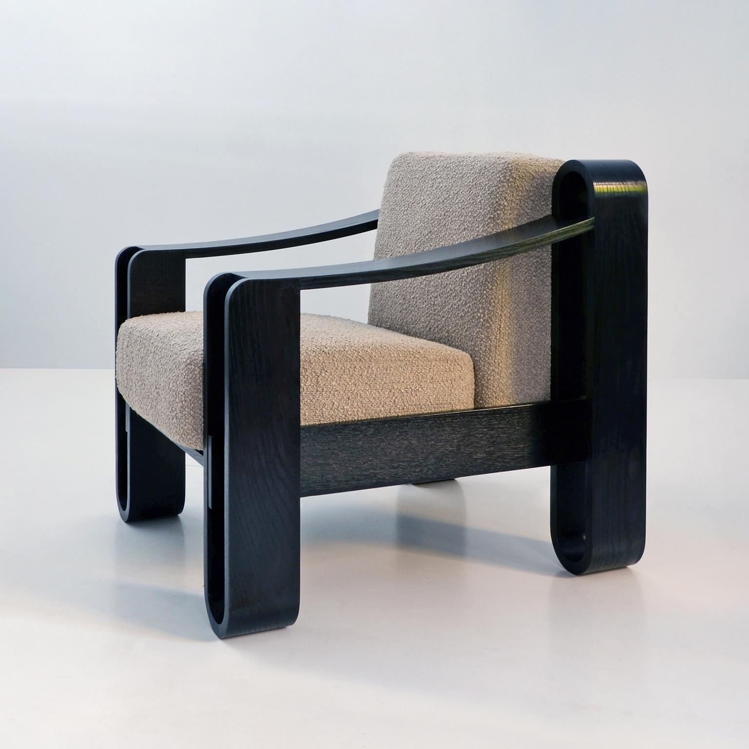 Contemporary Bespoke Rounded Wood Armchair, Blackened Ash Veneer, Fabric Upholstery, 2024 For Sale
