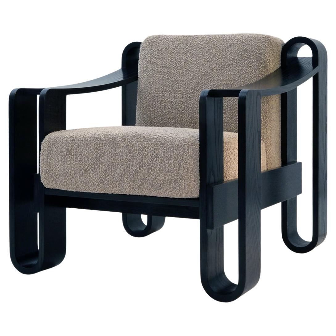 Bespoke Rounded Wood Armchair, Blackened Ash Veneer, Fabric Upholstery, 2024 For Sale