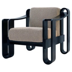 Bespoke Rounded Wood Armchair, Blackened Ash Veneer, Fabric Upholstery, 2024
