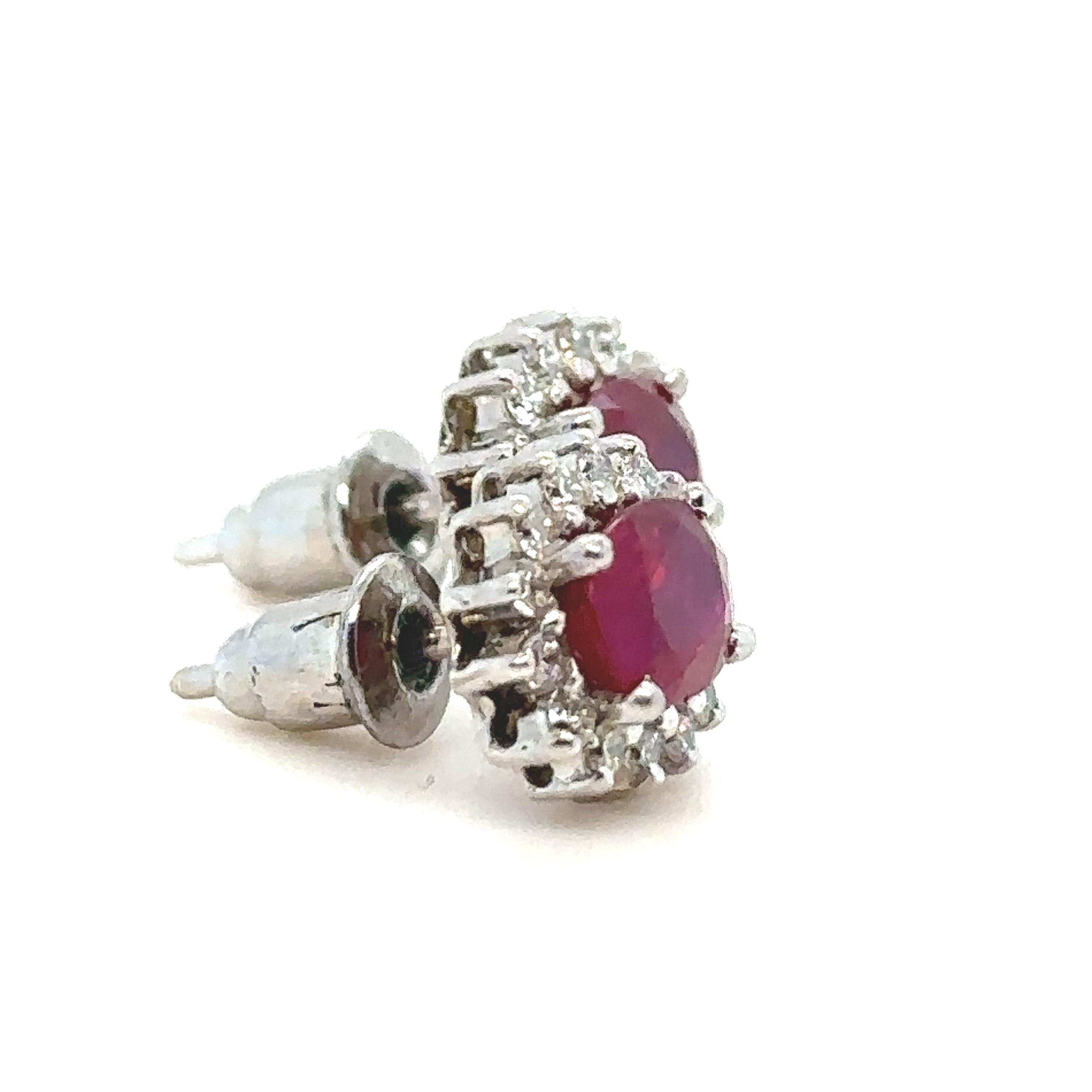 Bespoke Ruby & Diamond Oval Cluster Earrings 2.42ct In Excellent Condition For Sale In SYDNEY, NSW