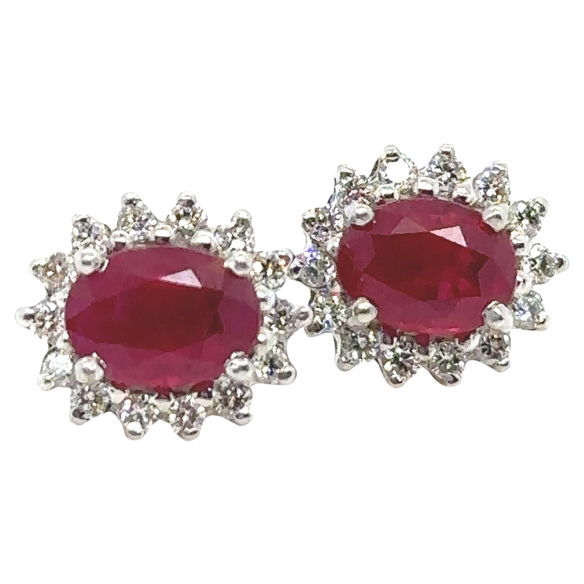 Bespoke Ruby & Diamond Oval Cluster Earrings 2.42ct For Sale