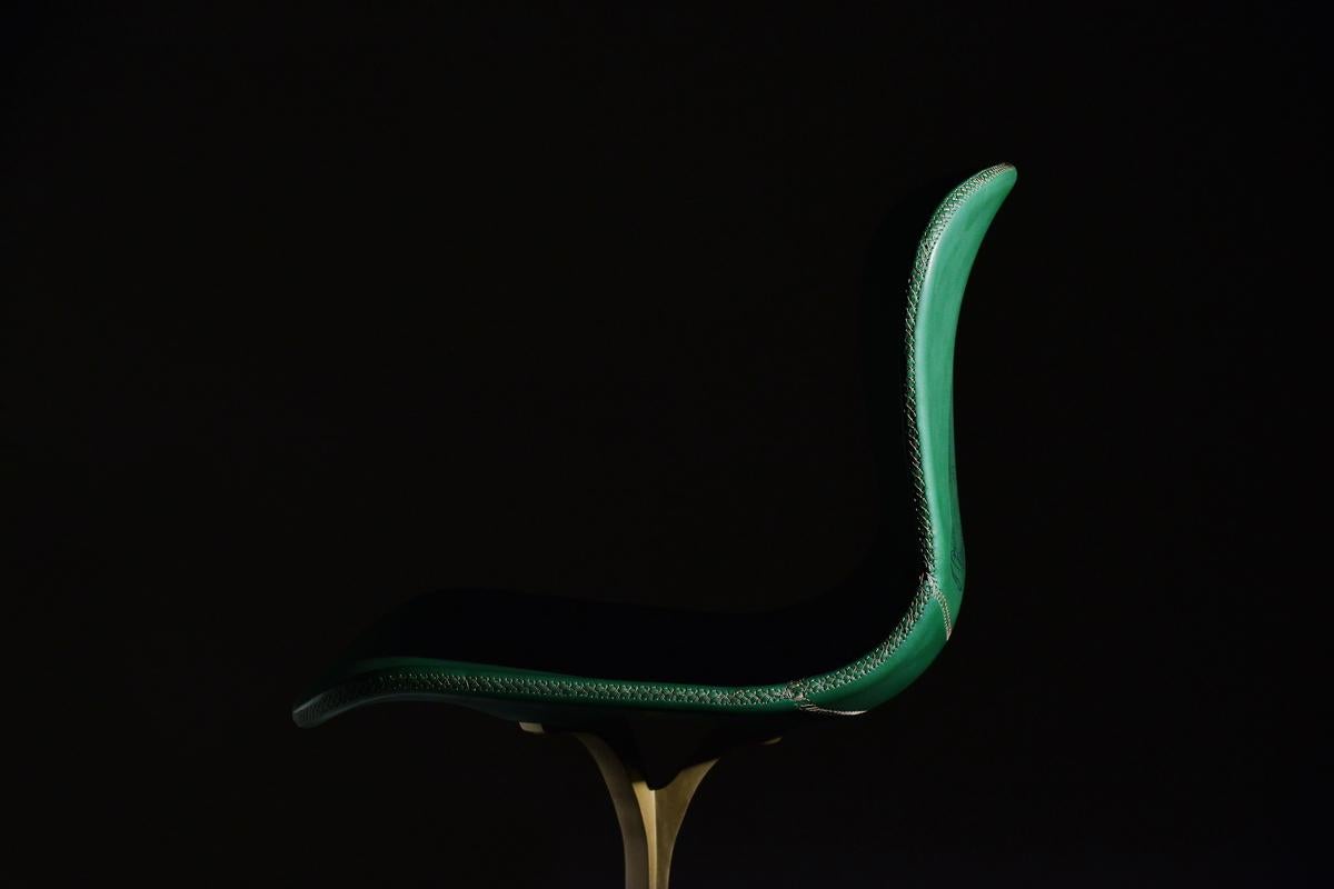 Contemporary Bespoke Sand Cast Brass Chair in Emeraude Tattooed Leather, Yes, Tattooed! For Sale