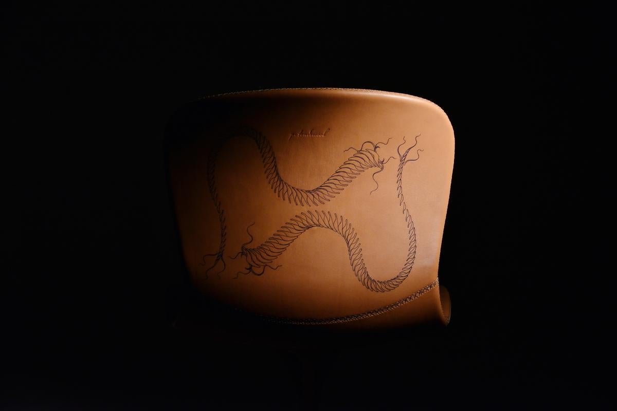 Contemporary Bespoke Sand Cast Brass Chair in Marron Glacé, Tattooed Leather, in Stock For Sale