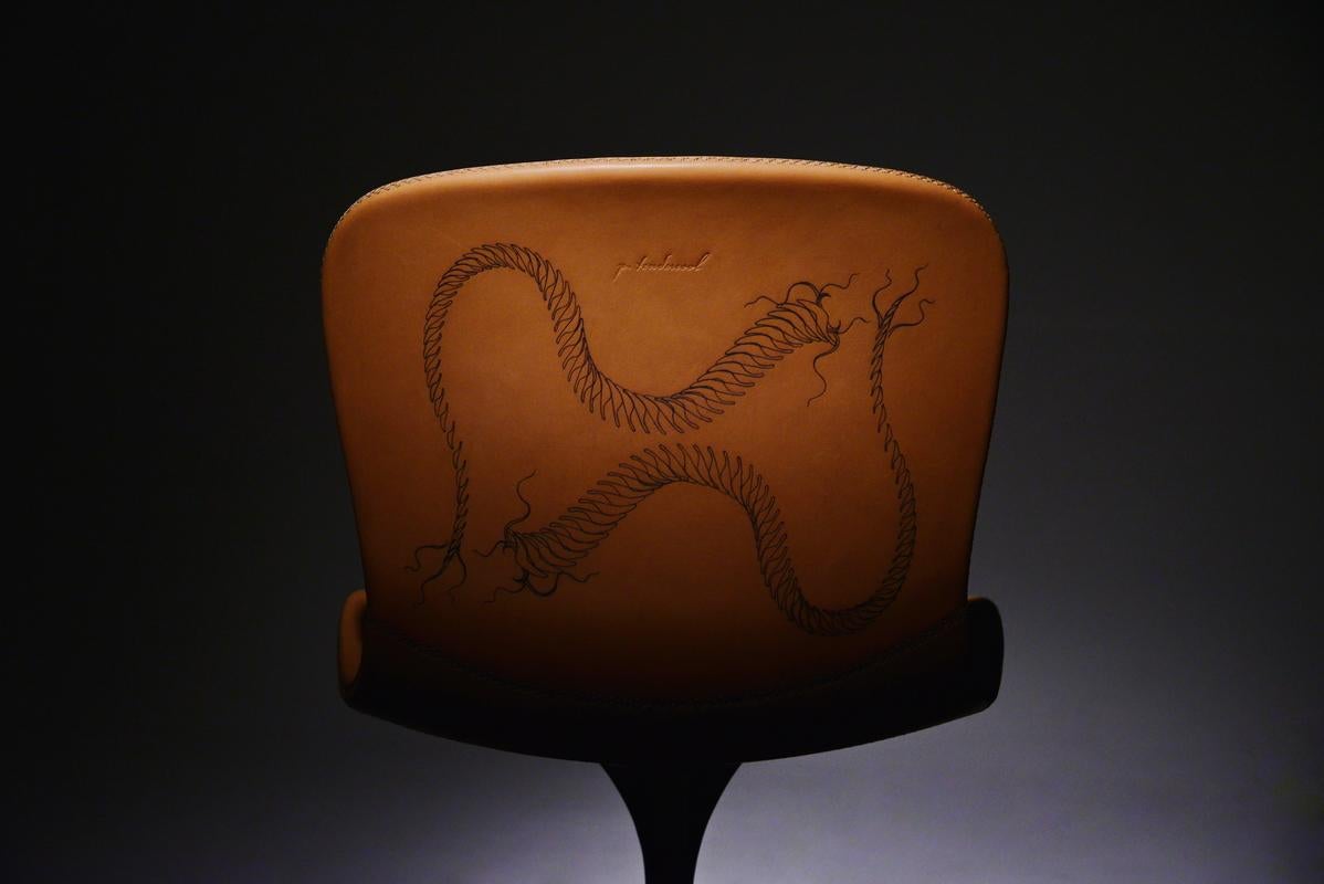 Thai Bespoke Sand Cast Brass Chair in Marron Glacé, Tattooed Leather, in Stock For Sale