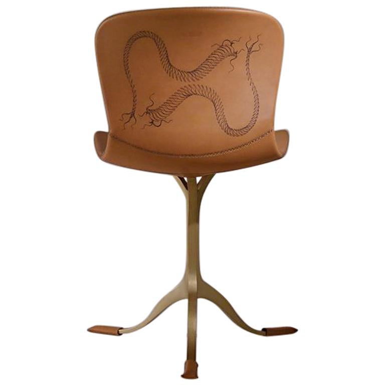 Bespoke Sand Cast Brass Chair in Marron Glacé, Tattooed Leather, in Stock For Sale