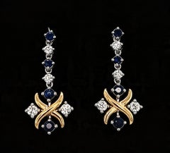 Bespoke Sapphire Diamond 18K Gold 1.55Ct Round Platinum Kiss Stud Drop Earrings