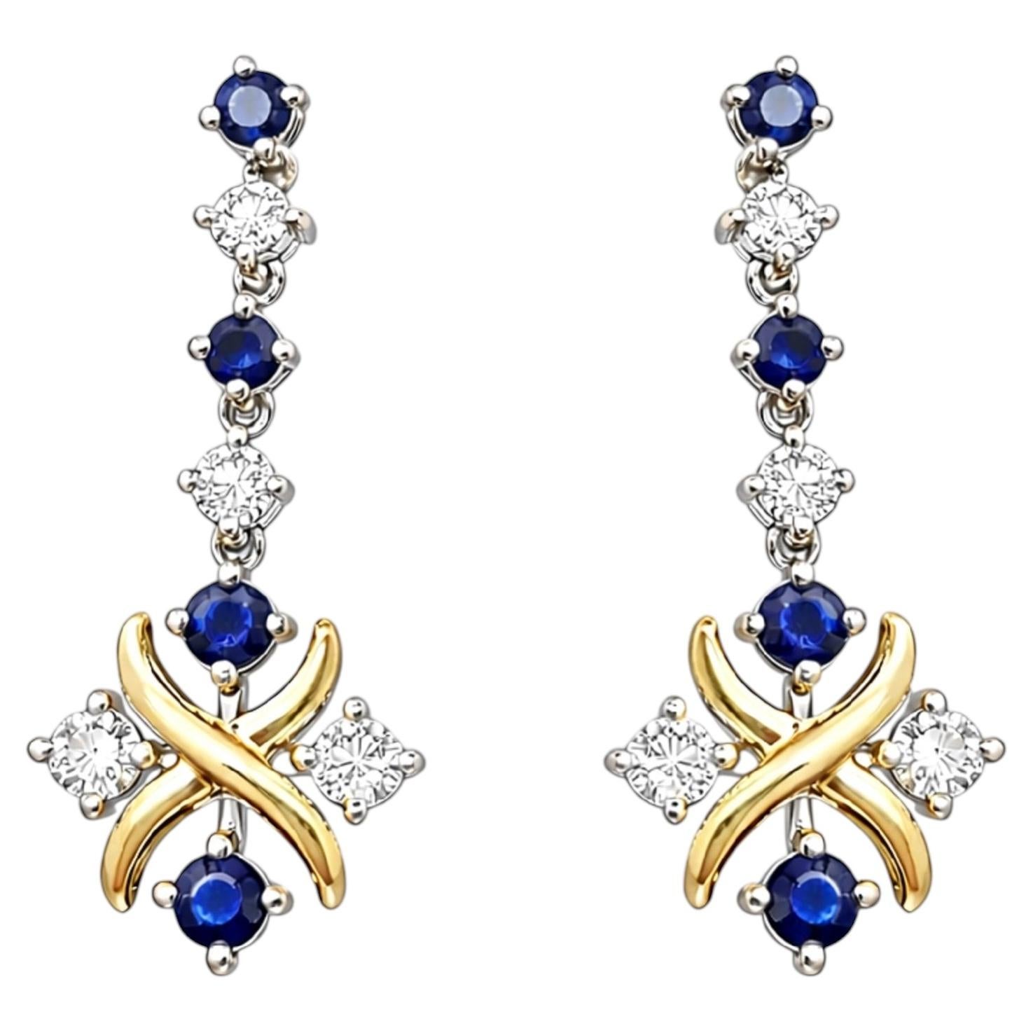 Bespoke Sapphire Diamond 18K Gold 1.55Ct Round Platinum Kiss Stud Drop Earrings For Sale