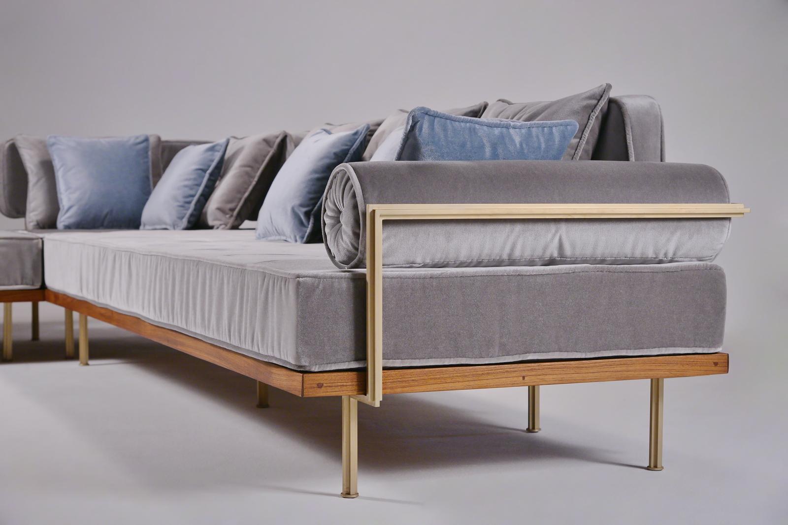 Mid-Century Modern Bespoke Sectional Sofa, Brass and Reclaimed Hardwood Frame by P. Tendercool For Sale