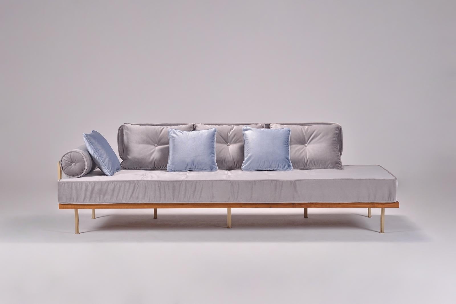 Thai Bespoke Sectional Sofa, Brass and Reclaimed Hardwood Frame by P. Tendercool For Sale
