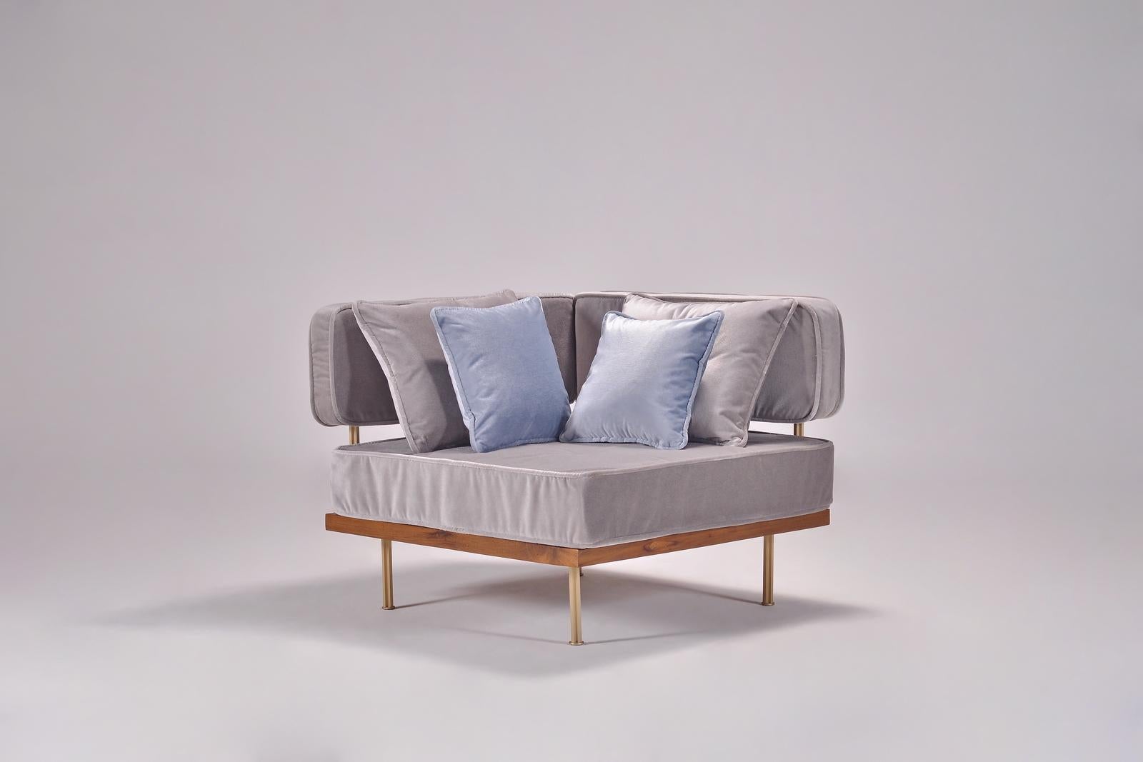 Hand-Crafted Bespoke Sectional Sofa, Brass and Reclaimed Hardwood Frame by P. Tendercool For Sale