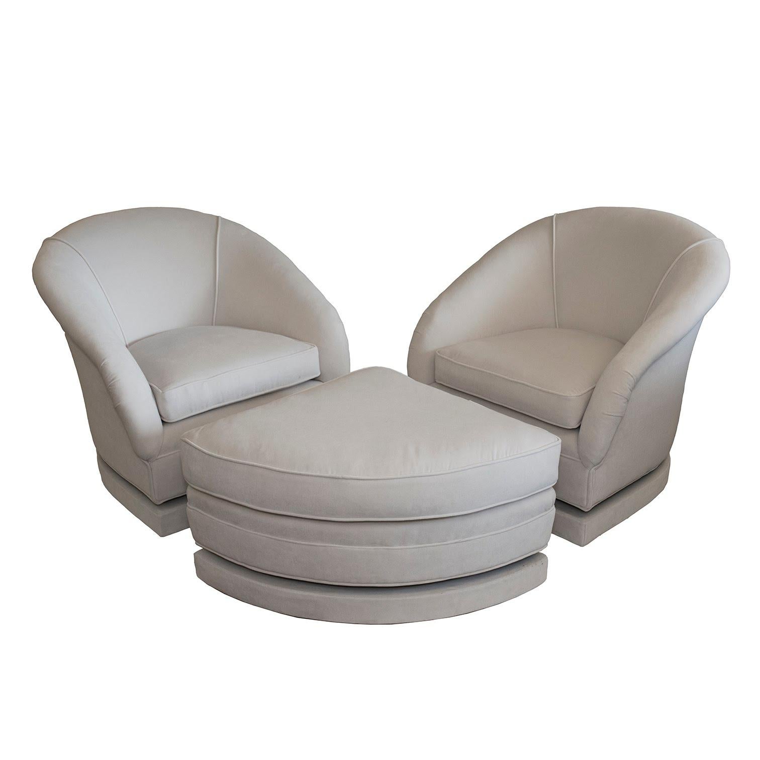 Bespoke Set of Swivel Chairs with Custom Ottoman For Sale