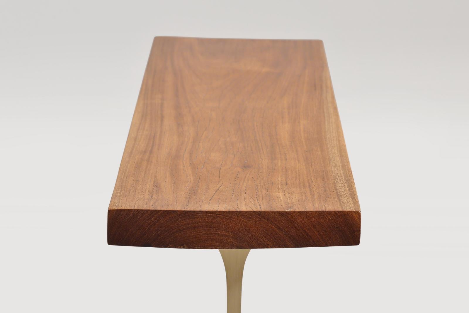 Bespoke Side Table, Reclaimed Hardwood, Sand Cast Brass Base by P. Tendercool In New Condition For Sale In Bangkok, TH