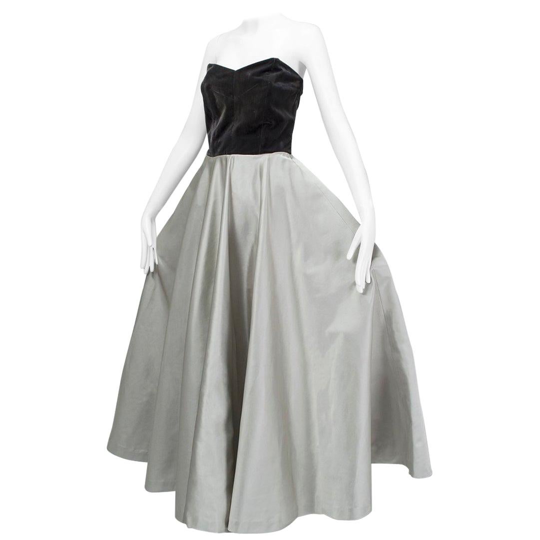Bespoke Silver and Gray Duchess Satin Strapless Ball Gown, Paris - Medium, 1950s