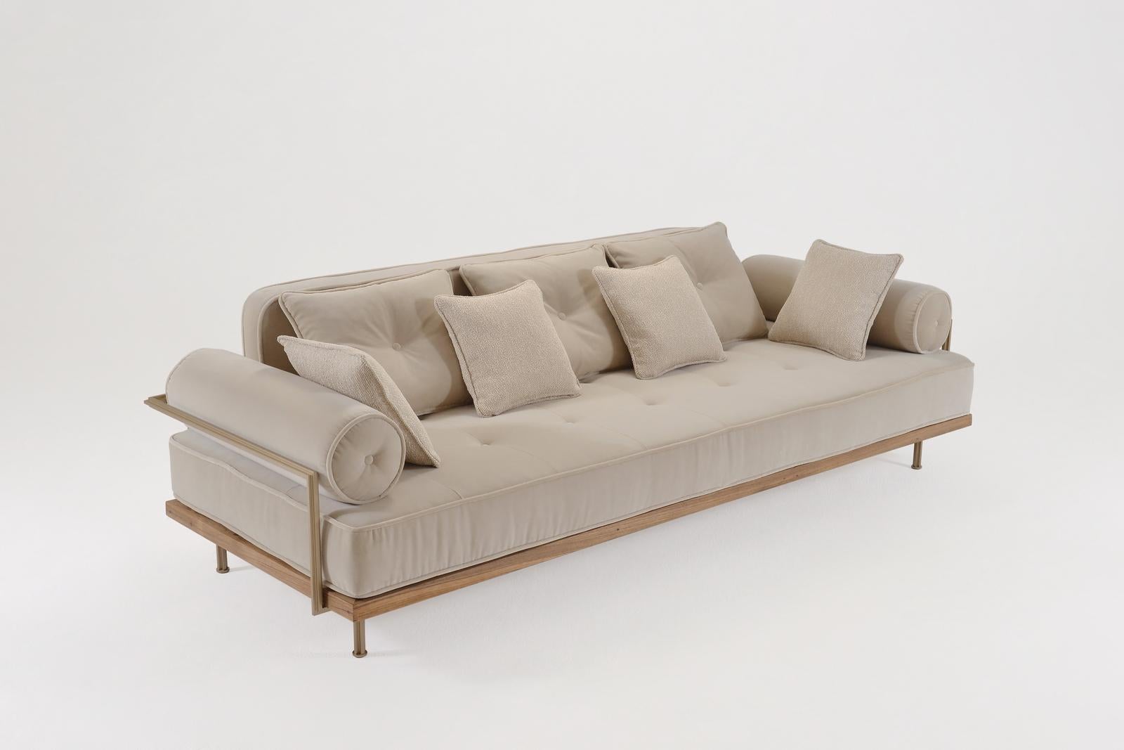 Mid-Century Modern Bespoke 3 Seater Sofa Bleached Hardwood & Brass Frame by P. Tendercool (indoor) For Sale