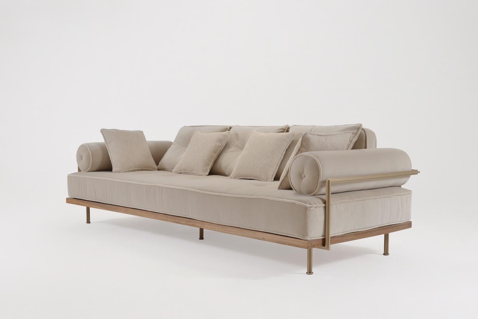 Thai Bespoke 3 Seater Sofa Bleached Hardwood & Brass Frame by P. Tendercool (indoor) For Sale