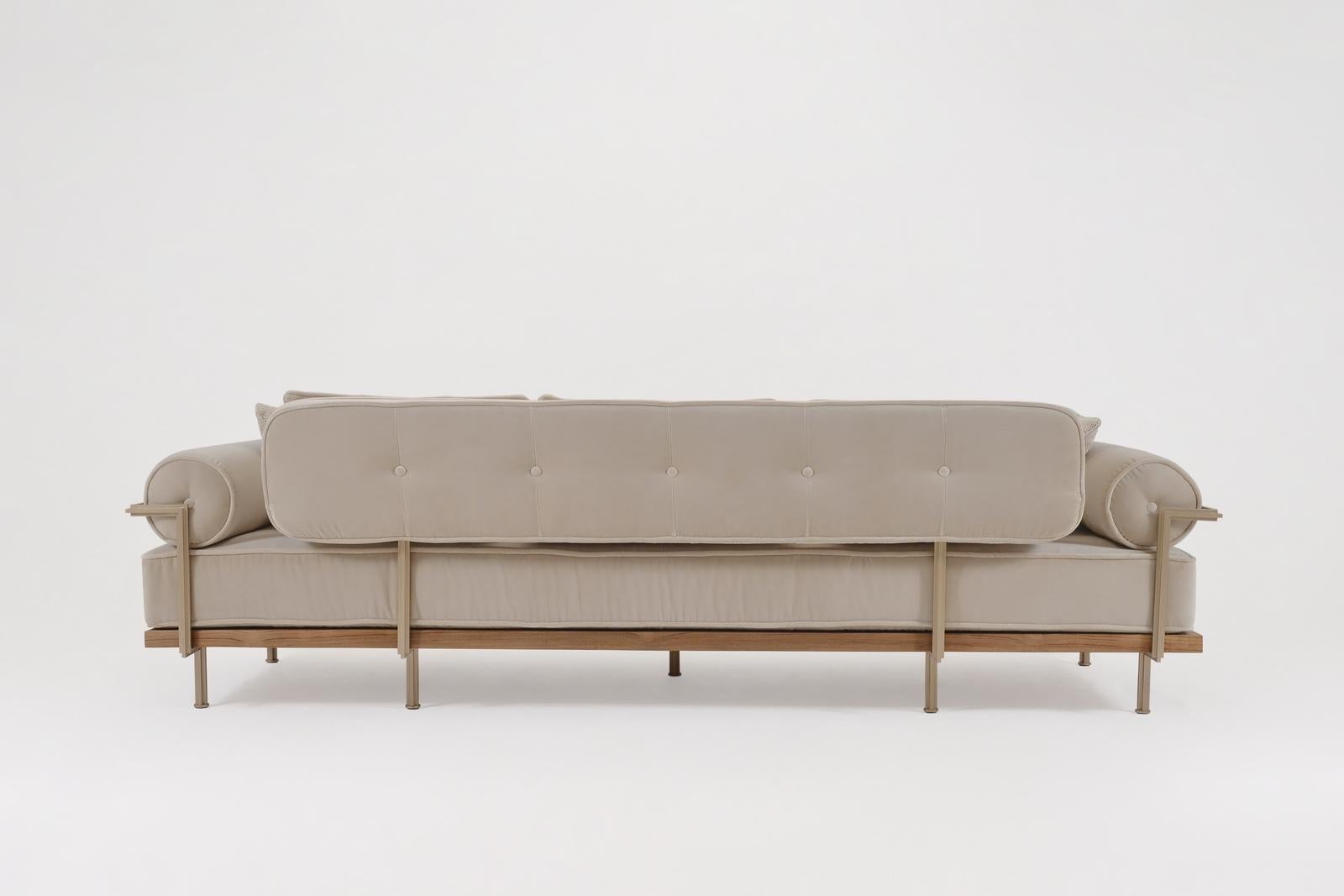 Hand-Crafted Bespoke 3 Seater Sofa Bleached Hardwood & Brass Frame by P. Tendercool (indoor) For Sale