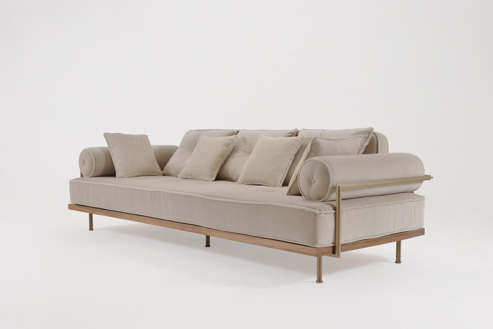 Thai Bespoke 3 Seater Sofa Bleached Hardwood & Brass Frame by P. Tendercool (Indoor) For Sale