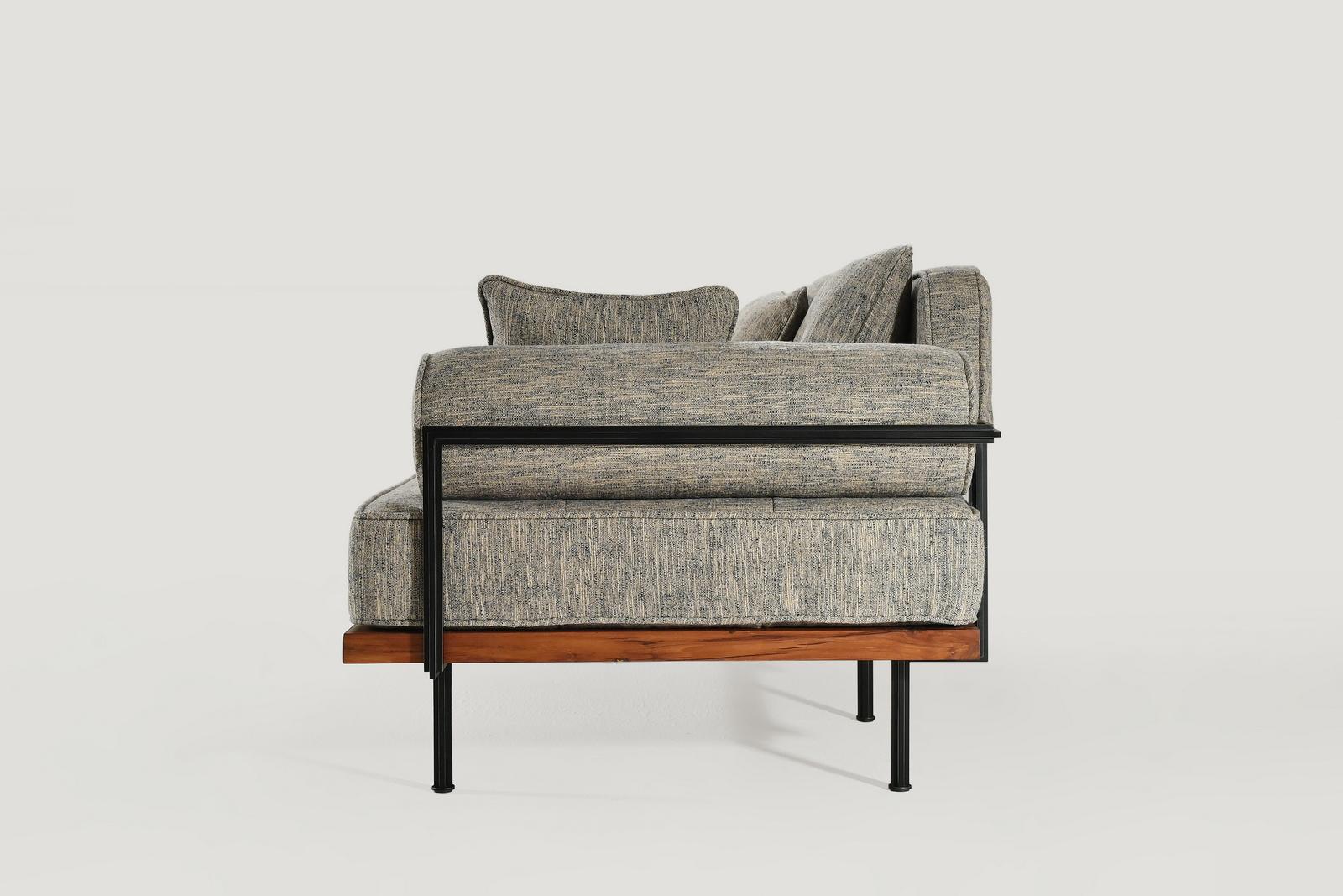 Mid-Century Modern Bespoke 3 Seater Sofa Reclaimed Hardwood & Brass Frame by P. Tendercool (Indoor) For Sale