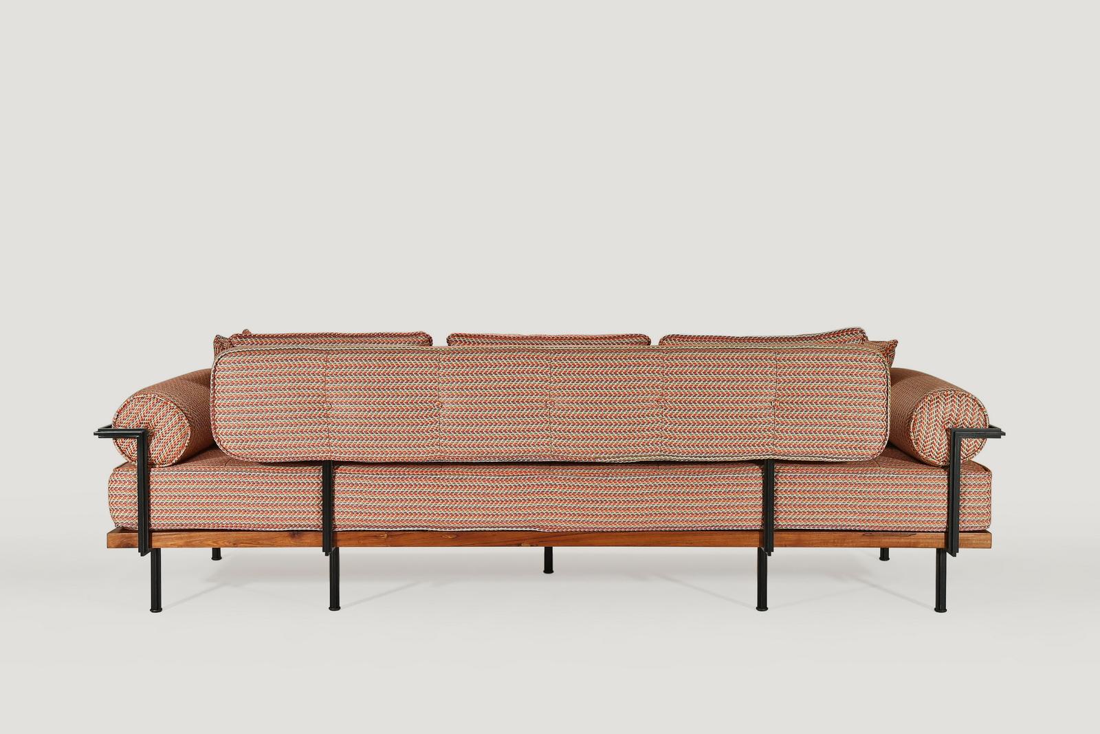 Mid-Century Modern Bespoke 3 Seater Sofa with Solid Brass and Reclaimed Hardwood by P. Tendercool For Sale