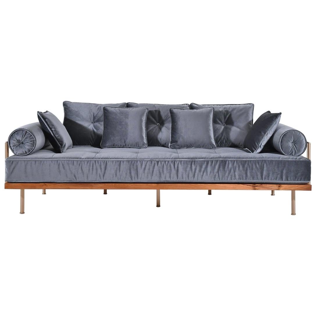 Bespoke 3 Seater Sofa Reclaimed Hardwood 
Brass Frame by P. Tendercool (Indoor) For Sale