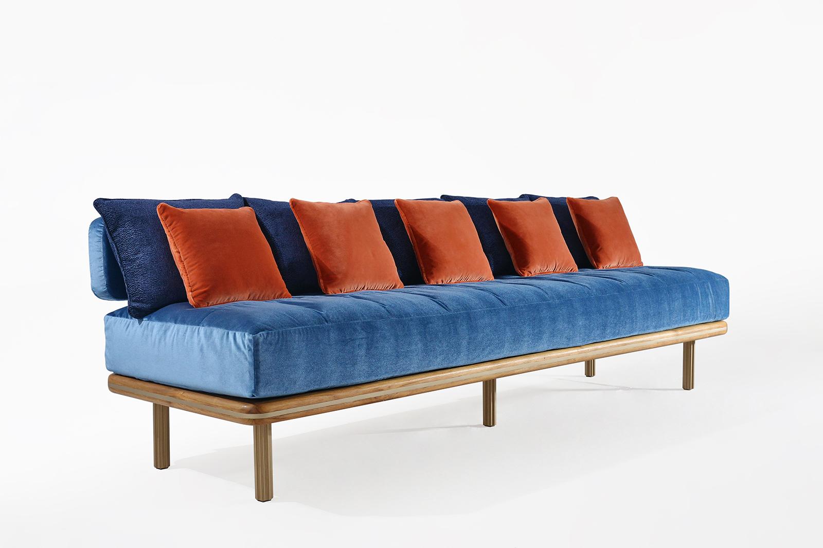 Mid-Century Modern Bespoke Sofa with rounded base edge, Inlaid with brass strip by P.Tendercool For Sale