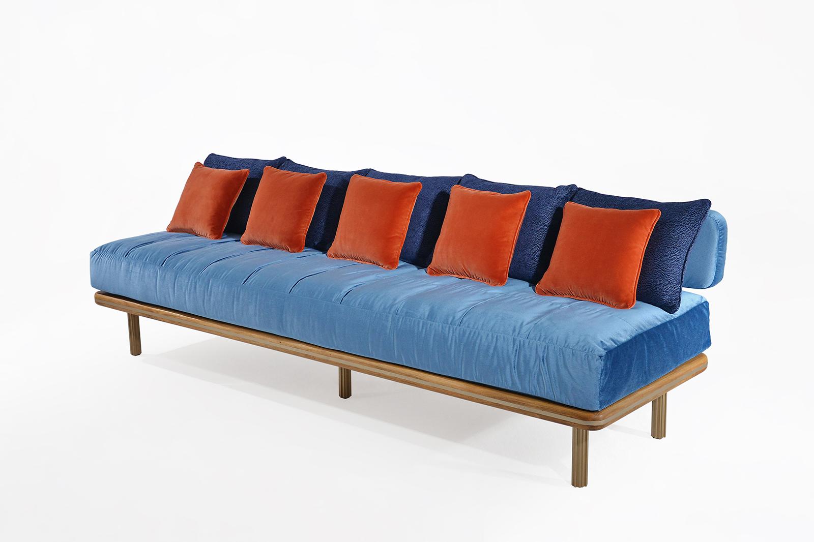 Thai Bespoke Sofa with rounded base edge, Inlaid with brass strip by P.Tendercool For Sale