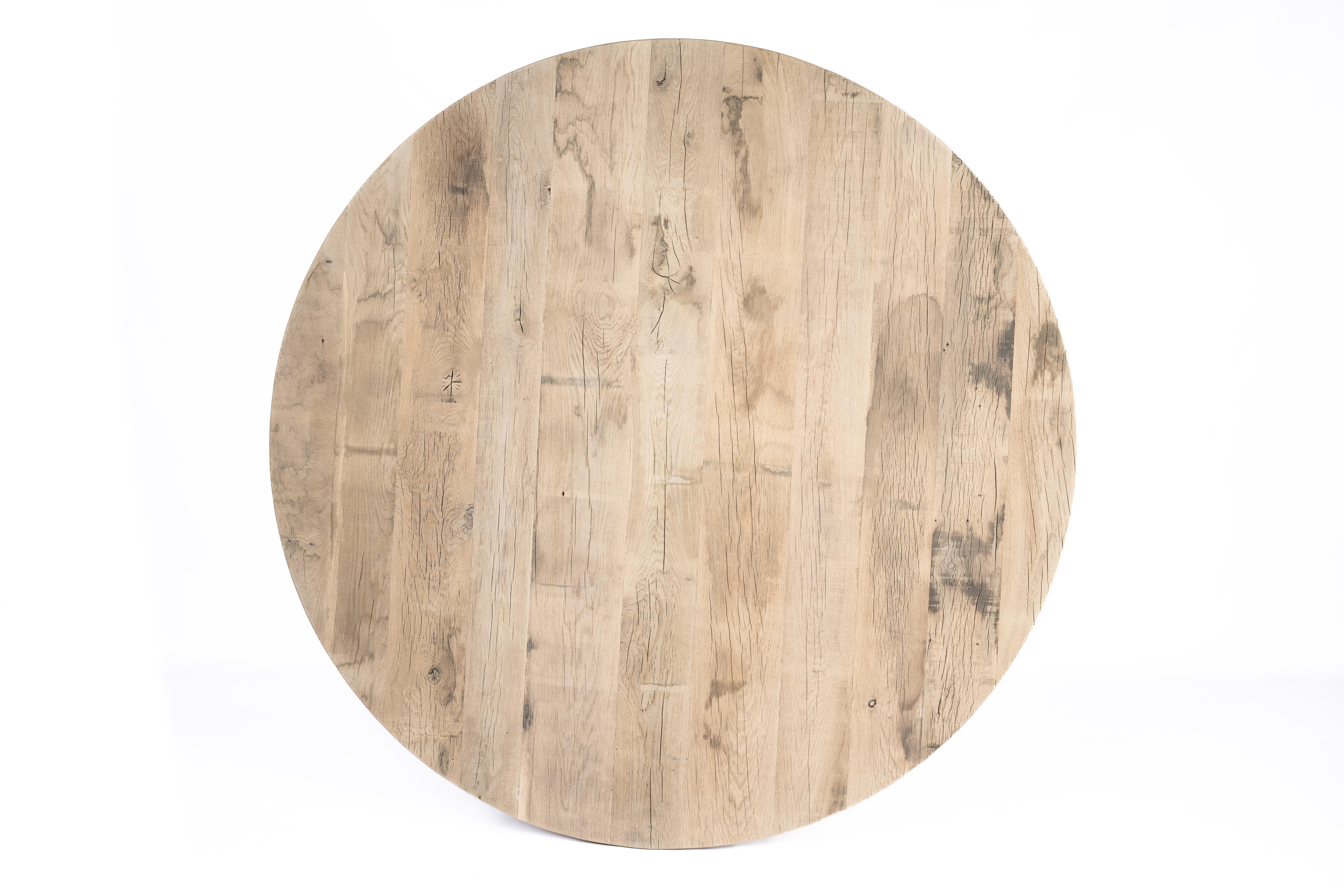 Contemporary Bespoke Solid Aged French Natural Weatherd Oak Barrel Round Dining Table  For Sale