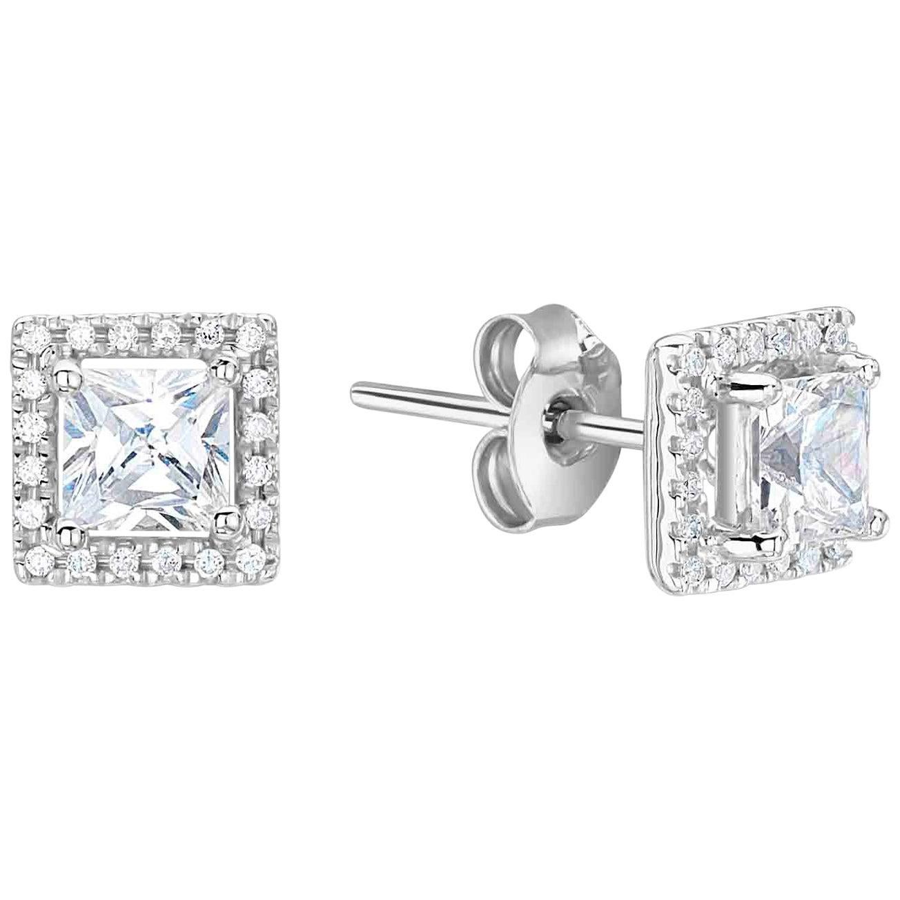 Available in 18 carat white gold or platinum 950, these stud earrings are designed for a 0.25-0.50 carat, square cut centre stone.