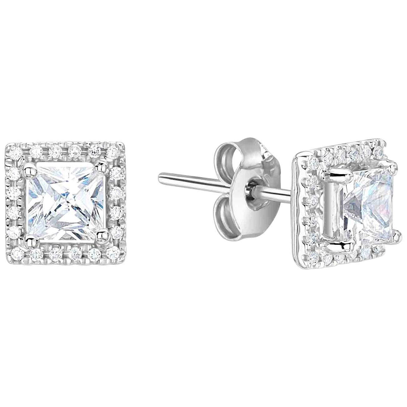 Bespoke Square Cut Diamond Halo White Gold or Platinum Stud Earrings For Sale