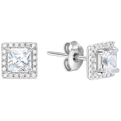Bespoke Square Cut Diamond Halo White Gold or Platinum Stud Earrings
