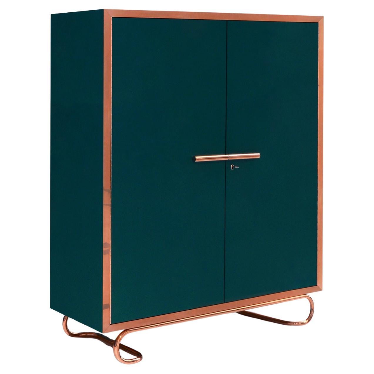 Bespoke Storage Cabinet in Matt Lacquered Wood and Copper Fittings, Handcrafted