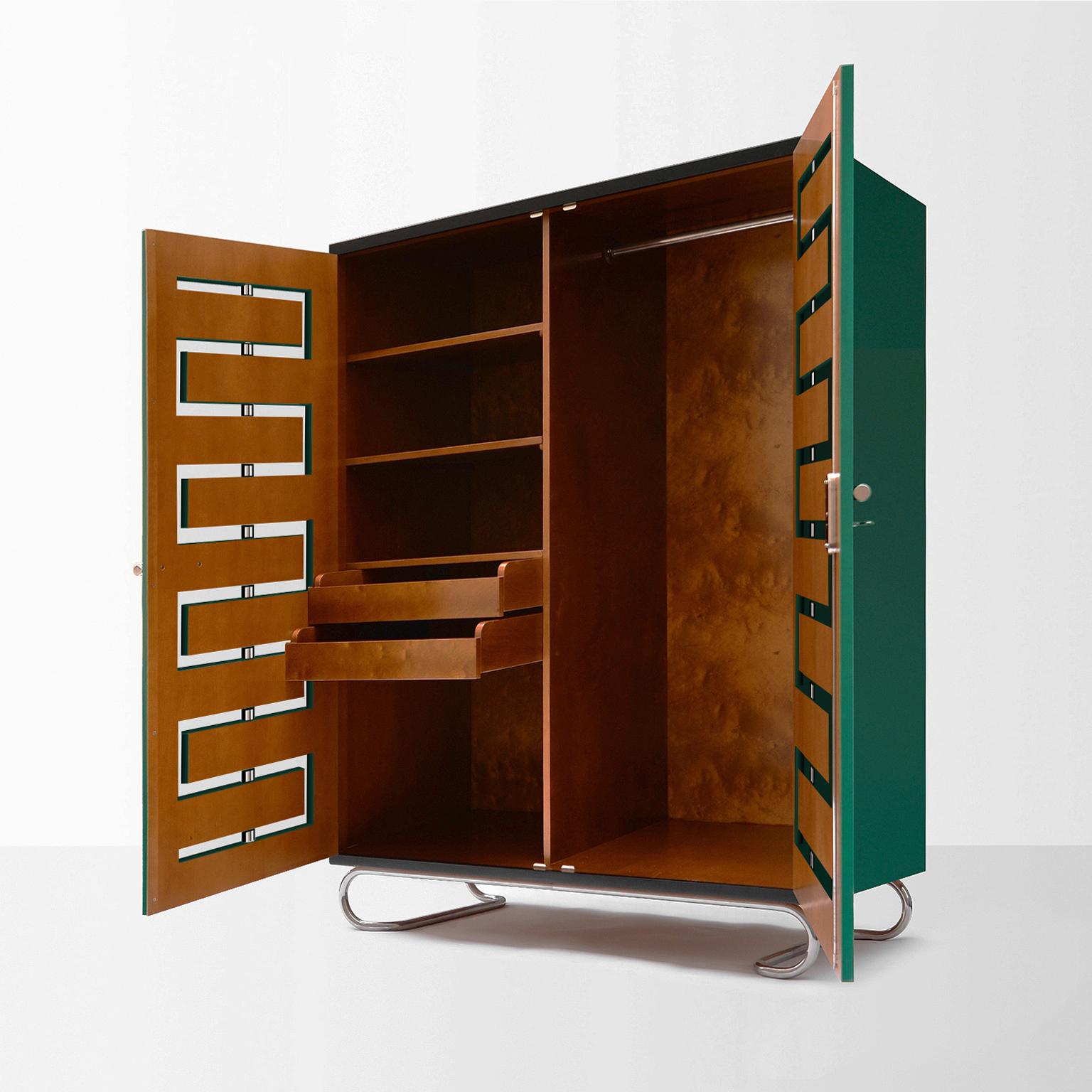 Modern Bespoke Storage Cabinet With Perforated Doors In Lacquered Wood and Plated Metal For Sale