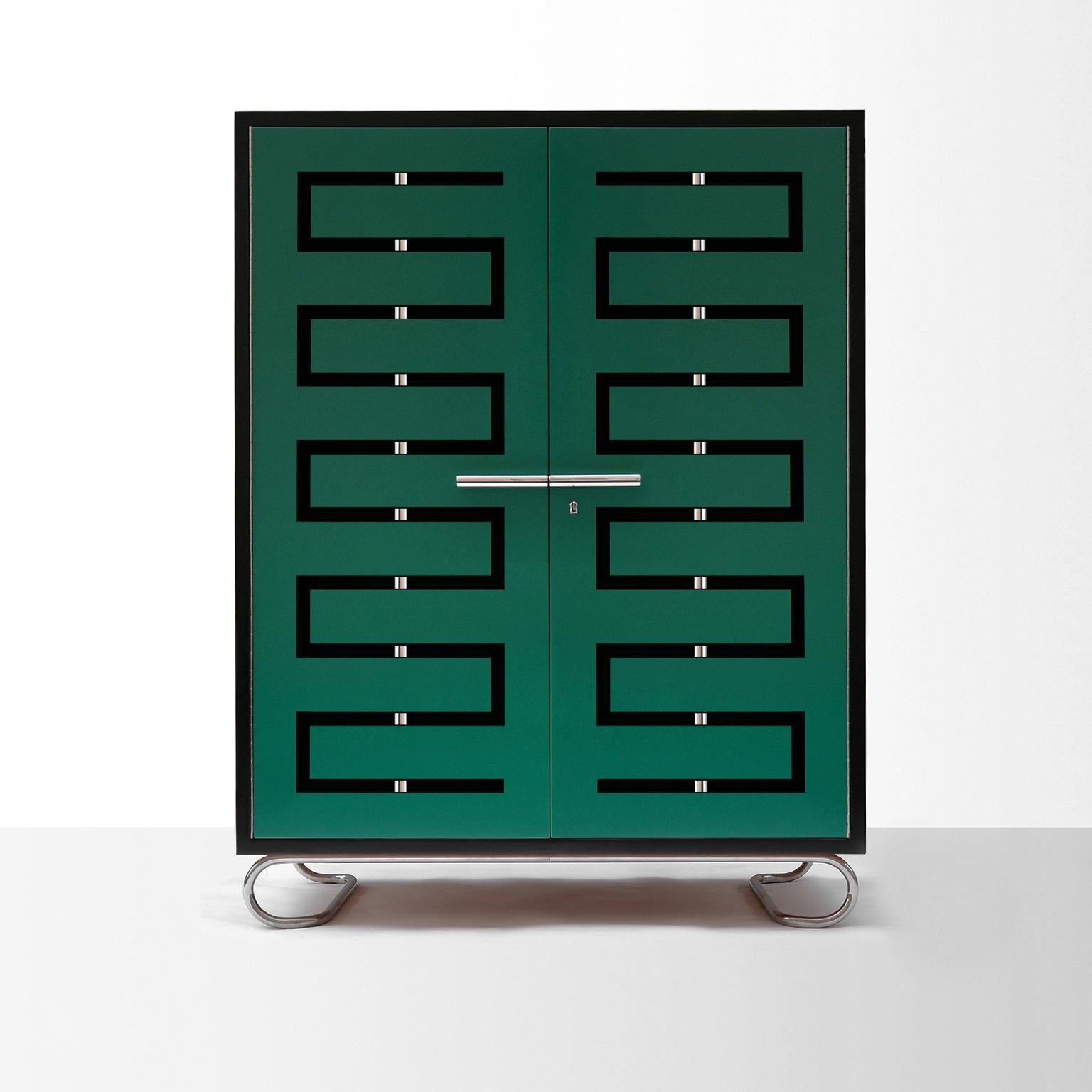 German Bespoke Storage Cabinet With Perforated Doors In Lacquered Wood and Plated Metal For Sale