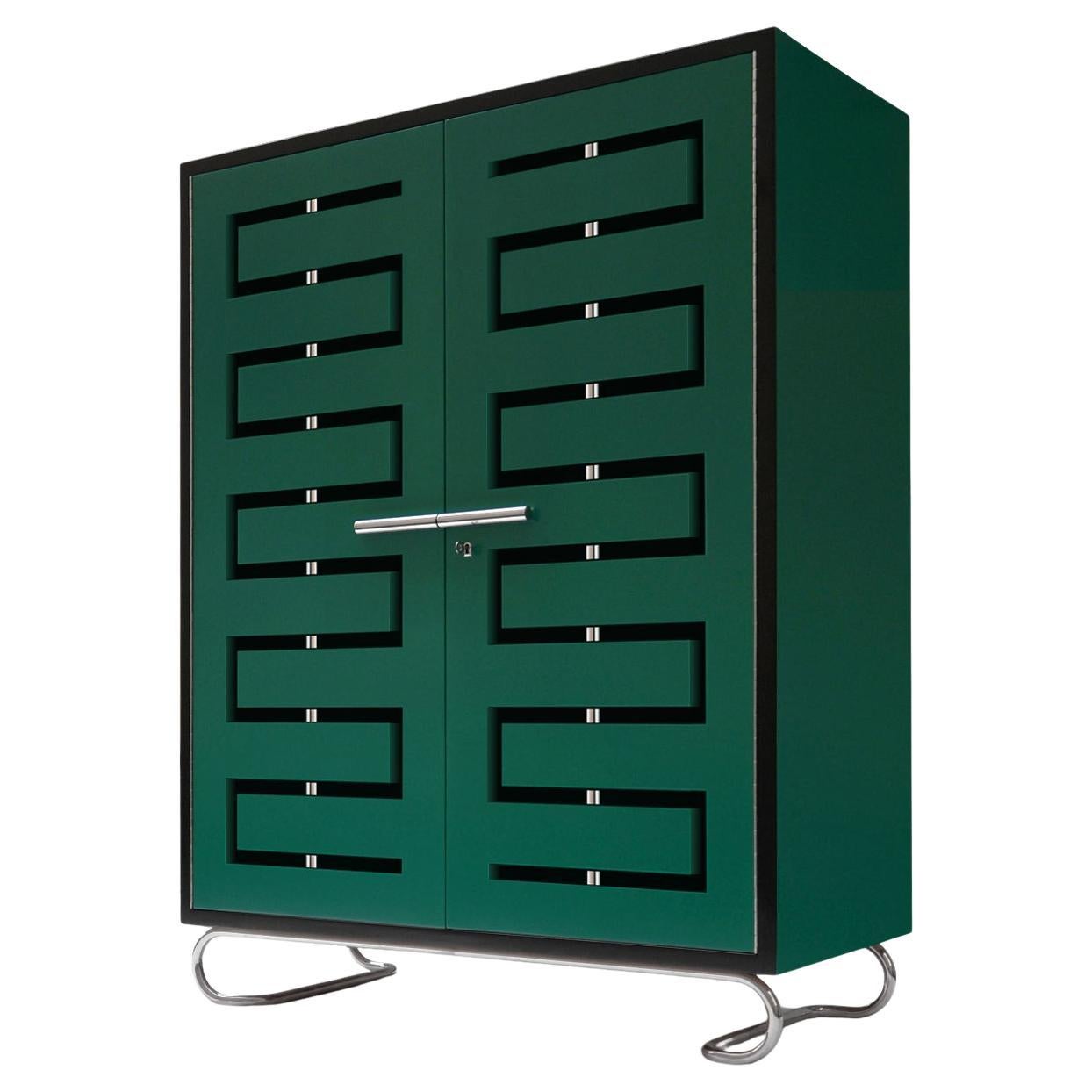 Bespoke Storage Cabinet With Perforated Doors In Lacquered Wood and Plated Metal For Sale